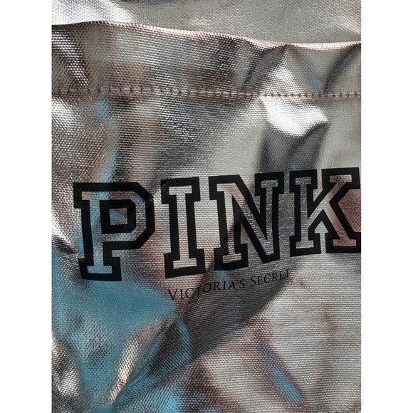 PINK Victoria's Secret Silver Metallic Tote Bag with Black Straps - Picture 4 of 4